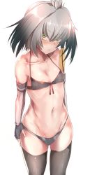 Rule 34 | 10s, 1girl, arms at sides, bikini, black bikini, black gloves, black hair, black thighhighs, bow, bow bikini, closed mouth, collarbone, covered erect nipples, expressionless, fingerless gloves, flat chest, gloves, gradient hair, green eyes, head tilt, kemono friends, looking at viewer, multicolored hair, navel, ribs, shiny skin, shoebill (kemono friends), silver hair, simple background, solo, stomach, swimsuit, tai (nazutai), thighhighs, third-party edit, white background