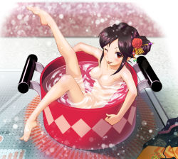 Rule 34 | 10s, 1girl, argon, barefoot, bath, bathing, black hair, blush, breasts, brown eyes, cleavage, unworn clothes, flower, hair flower, hair ornament, hair stick, idolmaster, idolmaster cinderella girls, in container, large breasts, looking at viewer, mini person, minigirl, momoi azuki, nude, one eye closed, pot, sitting, solo, tongue, tongue out, water, wink