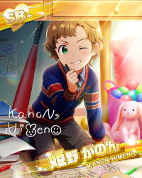 Rule 34 | 1boy, alternate hairstyle, baseball bat, brown hair, card (medium), character name, child, collared shirt, drawing, grey shorts, himeno kanon, holding, holding pencil, idolmaster, idolmaster side-m, kneeling, long sleeves, male focus, official art, one eye closed, paper, pencil, school uniform, shirt, shorts, signature, smile, stuffed animal, stuffed rabbit, stuffed toy, third-party source