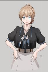 Rule 34 | 1girl, black shirt, blue eyes, brown hair, cowboy shot, faker ktd, grey background, grey neckerchief, grey skirt, hands on own hips, intrepid (kancolle), kantai collection, looking at viewer, multicolored neckerchief, neckerchief, ponytail, shirt, short hair, simple background, skirt, solo, standing