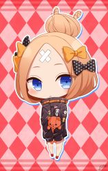 Rule 34 | 1girl, abigail williams (fate), abigail williams (traveling outfit) (fate), argyle, argyle background, argyle clothes, bad id, bad pixiv id, big head, black bow, black jacket, blonde hair, blue eyes, blush, bow, chibi, commentary request, crossed bandaids, fate/grand order, fate (series), full body, hair bow, hair bun, heroic spirit traveling outfit, highres, hugging object, jacket, long hair, long sleeves, looking at viewer, official alternate costume, orange bow, parted bangs, parted lips, polka dot, polka dot bow, red footwear, saki usagi, shoes, signature, single hair bun, sleeves past fingers, sleeves past wrists, solo, standing, stuffed animal, stuffed toy, teddy bear