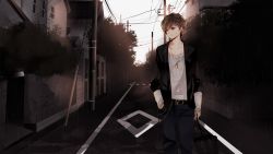 Rule 34 | 1boy, bad id, bad pixiv id, brown eyes, brown hair, casual, cityscape, collarbone, hand in pocket, hatsuko, highres, house, indie utaite, jacket, jewelry, male focus, necklace, open clothes, open jacket, original, pendant, pole, rain, realistic, road, short hair, solo, street, town, umbrella, vanishing point, vocaloid, yellow eyes