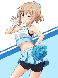 Rule 34 | 1girl, ;), absurdres, artist name, bare shoulders, bike shorts, blue bow, blue skirt, bow, cheerleader, clothes writing, collarbone, commentary, crop top, hair between eyes, hair bow, hand on own hip, highres, light brown hair, looking at viewer, midriff, one eye closed, original, pleated skirt, pom pom (cheerleading), ponytail, shiraha maru, short hair, shorts, shorts under skirt, simple background, skirt, smile, solo, tank top, twisted torso, wristband