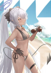 Rule 34 | 1girl, beach, belt, beruu, bikini, black belt, black bikini, black bow, black gloves, blue archive, blue halo, blue sky, bow, breasts, closed mouth, cloud, commentary request, dark-skinned female, dark skin, day, unworn eyewear, gloves, grey hair, hair bow, hair over one eye, halo, hand on own hip, highres, holding, holding removed eyewear, iori (blue archive), iori (swimsuit) (blue archive), long hair, medium breasts, navel, ocean, official alternate costume, outdoors, red eyes, side-tie bikini bottom, sky, smile, solo, standing, sunglasses, swimsuit, tail, thigh belt, thigh strap, twintails, very long hair