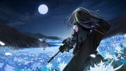 Rule 34 | 2girls, artist request, assault rifle, black dress, black hair, clothes around waist, detached sleeves, dress, epiphyllum, flower, from behind, full moon, game cg, girls&#039; frontline, gloves, green hair, gun, holding, holding gun, holding weapon, isomer hivemind (girls&#039; frontline), jacket, jacket around waist, long hair, m4 carbine, m4a1 (girls&#039; frontline), m4a1 (mod3) (girls&#039; frontline), mod3 (girls&#039; frontline), moon, mountainous horizon, multicolored hair, multiple girls, nature, night, night sky, nyto (girls&#039; frontline), official alternate costume, official art, outdoors, particle cannon case, petals, ribbed sweater, rifle, showdown, sky, sleeveless, sleeveless sweater, spoilers, standing, star (sky), starry sky, streaked hair, suppressor, sweater, weapon, white flower