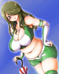 Rule 34 | 1girl, black-framed eyewear, black eyes, blush, breasts, chousoku henkei gyrozetter, cleavage, closed umbrella, fingerless gloves, flying sweatdrops, frown, glasses, gloves, green hair, green thighhighs, grey eyes, hair over one eye, hand on own hip, huge breasts, large breasts, long hair, midriff, navel, planted, planted umbrella, plump, ponponmaru, race queen, semi-rimless eyewear, shorts, shoudou kotoha, skindentation, solo, standing, striped clothes, striped thighhighs, sweatdrop, thighhighs, umbrella, under-rim eyewear, undersized clothes
