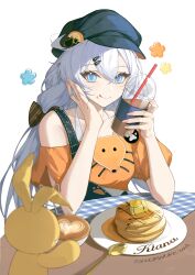 Rule 34 | 1girl, 2024, absurdres, artist name, blue eyes, blush, bow, casual, character name, check commentary, chinese commentary, closed mouth, coffee cup, commentary request, cup, diagonal-striped bow, disposable cup, drinking straw, food, food on face, green overalls, hair between eyes, hair bow, hair ornament, hairclip, hat, highres, holding, holding cup, homu (honkai impact), honkai (series), honkai impact 3rd, kiana kaslana, long hair, looking at viewer, orange shirt, overalls, pancake, pancake stack, plate, puffy short sleeves, puffy sleeves, shirt, short sleeves, simple background, smile, solo, spoon, striped bow, stuffed toy, table, tongue, tongue out, tutou jiang, white background
