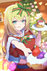 Rule 34 | 1girl, bell, blonde hair, blue eyes, blush, bow, cake, capelet, christmas, christmas tree, crop top, food, food on face, fruit, fur-trimmed capelet, fur-trimmed shirt, fur trim, gift, groin, hairband, highres, holding, holding plate, incoming food, indoors, jingle bell, long hair, looking at viewer, midriff, original, plate, shirt, smile, solo, strawberry, striped, striped bow, tongue, tongue out, tree, user dttw2327, very long hair