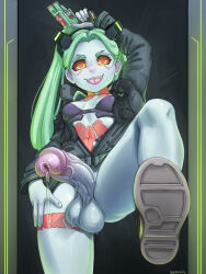 Rule 34 | 1futa, ass, black bra, blue skin, blush, bottomless, bra, breasts, colored sclera, colored skin, cyberpunk (series), cyberpunk edgerunners, erection, fangs, forehead, futanari, green hair, gun, handgun, highres, holding, holding gun, holding weapon, jacket, large penis, leg up, looking at viewer, navel, penis, precum, rebecca (cyberpunk), red sclera, seraziel, small breasts, smile, solo, tattoo, teeth, testicles, tongue, tongue out, twintails, uncensored, underwear, variant set, weapon, yellow eyes