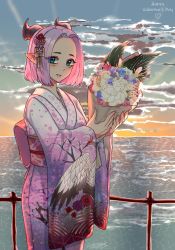Rule 34 | 1girl, 4kkc, absurdres, blue eyes, bouquet, commentary, english commentary, eyeshadow, flower, from side, happy valentine, highres, holding, holding bouquet, japanese clothes, kimono, looking at viewer, makeup, obi, ocean, original, pink eyeshadow, pink kimono, purple hair, sash, smile, solo, sunrise, white flower