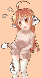 Rule 34 | 1girl, :o, absurdres, ahoge, animal ears, blush, brown eyes, brown hair, cat ears, cat tail, cursor, flying sweatdrops, haruka (ueno musashi), highres, long hair, original, outline, ribbed sweater, simple background, sleeves past wrists, solo, sweater, tail, thighhighs, ueno musashi, white thighhighs