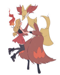 Rule 34 | 1girl, black footwear, black shirt, blonde hair, blush, commentary request, creatures (company), delphox, eye contact, fire, game freak, gen 6 pokemon, grey thighhighs, high-waist skirt, highres, hime (himetya105), holding hands, long hair, looking at another, low-tied long hair, nintendo, open mouth, pleated skirt, pokemon, pokemon (creature), pokemon xy, red skirt, serena (pokemon), shirt, shoes, sidelocks, simple background, skirt, sleeveless, sleeveless shirt, stick, thighhighs, white background