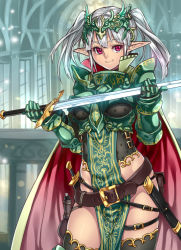 Rule 34 | 1girl, armor, belt, belt skirt, black thighhighs, bottle, bottomless, cape, elf, gauntlets, gloves, highres, houtengeki, long hair, looking at viewer, original, pink eyes, pointy ears, red eyes, scabbard, sheath, short twintails, smile, solo, standing, sword, thigh strap, thighhighs, tiara, twintails, weapon, white hair