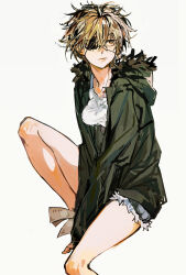 Rule 34 | 1girl, absurdres, banknote, blonde hair, blue shorts, breasts, chainsaw man, chinese commentary, closed mouth, commentary request, crossed bangs, cutoffs, denim, denim shorts, denji (chainsaw man), eyepatch, foot out of frame, fur-trimmed jacket, fur trim, genderswap, genderswap (mtf), green jacket, hair between eyes, highres, holding, holding money, hood, hood down, invisible chair, jacket, knee up, looking to the side, medium breasts, messy hair, mkmwyydlp, money, open clothes, open jacket, shirt, short hair, short shorts, shorts, simple background, sitting, solo, white background, white shirt, yellow eyes