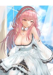Rule 34 | 1girl, azur lane, bare shoulders, breasts, center frills, cleavage, collar, detached collar, detached sleeves, dress, frilled dress, frilled hairband, frills, hairband, highres, large breasts, long hair, perseus (azur lane), pink eyes, pink hair, sapota clone, signature, solo, white collar, white dress, white sleeves