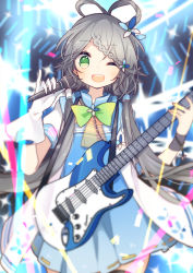 Rule 34 | 1girl, ;d, blue dress, blurry, blush, braid, braided bangs, chain, depth of field, detached collar, dress, electric guitar, fender stratocaster, fuuko (2679566944), gloves, green eyes, grey hair, guitar, head tilt, holding, holding microphone, instrument, long hair, looking at viewer, low twintails, luo tianyi, microphone, one eye closed, open mouth, pinky out, ribbon, ribbon-trimmed dress, short sleeves, smile, solo, sparkle, twintails, very long hair, vocaloid, vocanese, white gloves, yellow ribbon