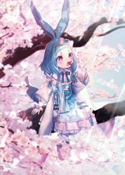 Rule 34 | 1girl, :o, absurdres, animal ears, blue hair, blurry, blurry background, bow, braid, brooch, cherry, cherry blossoms, creatures (company), day, flower, food, fruit, game freak, hair bow, hair flower, hair ornament, highres, huge filesize, in tree, jewelry, long sleeves, medium hair, moe (hamhamham), nintendo, outdoors, personification, pokemon, red eyes, sitting, solo, tail, tree