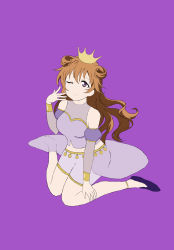Rule 34 | 1girl, ;), artist name, artist request, bare legs, black footwear, blush, bracelet, breasts, brown hair, butterfly (love live!), choker, cleavage, clothing cutout, collarbone, cropped shirt, crown, detached sleeves, double bun, dress, dress shirt, earrings, female focus, floating hair, full body, gold bracelet, hair between eyes, hair bun, hair rings, harem outfit, high heels, highres, jewelry, konoe kanata, long hair, looking at viewer, love live!, love live! nijigasaki high school idol club, love live! school idol festival, navel, one eye closed, parted lips, puffy short sleeves, puffy sleeves, purple background, purple eyes, purple shirt, purple shorts, shirt, short sleeves, shorts, shoulder cutout, sitting, small breasts, smile, solo, two side up, wink, yellow bracelet, yellow choker