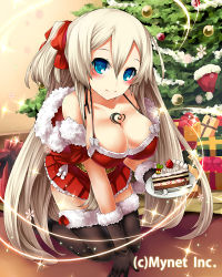 Rule 34 | 1girl, arutoria, bad id, bad pixiv id, blue eyes, blush, breasts, christmas, cleavage, falkyrie no monshou, huge breasts, looking at viewer, official art, santa costume, silver hair, smile, solo