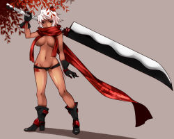 Rule 34 | 1girl, aoshima, black gloves, boots, breasts, censored, convenient censoring, gloves, groin, hat, high heel boots, high heels, highres, huge weapon, inubashiri momiji, large breasts, looking at viewer, lowleg, lowleg shorts, micro shorts, navel, over shoulder, red eyes, revealing clothes, scarf, scarf over mouth, short shorts, shorts, silver hair, solo, sword, tan, tokin hat, topless, touhou, weapon