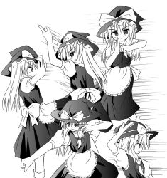 Rule 34 | 1girl, action, apron, female focus, greyscale, kirisame marisa, monochrome, multiple persona, murabito, puffy short sleeves, puffy sleeves, running, short sleeves, simple background, speed lines, standing, touhou, waist apron, white background