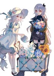 Rule 34 | 2girls, :d, absurdres, ampheta, arknights, black footwear, black shirt, black shorts, black thighhighs, blue flower, blue rose, bouquet, brown jacket, cart, character request, commentary request, dress, flower, grey hair, hair between eyes, highres, holding, holding bouquet, jacket, long hair, multiple girls, open clothes, open jacket, open mouth, red eyes, rose, shirt, shoes, short sleeves, shorts, simple background, smile, socks, standing, thighhighs, very long hair, watering can, white background, white dress, white flower, white headwear, white rose, white socks, yellow flower