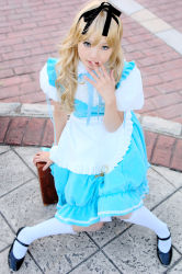 Rule 34 | 1girl, alice (alice in wonderland), alice (alice in wonderland) (cosplay), alice in wonderland, apron, asian, blonde hair, blue eyes, breasts, color contacts, cosplay, hair ribbon, kipi-san, knees together feet apart, long hair, looking at viewer, mole, outdoors, petite, photo (medium), ribbon, small breasts, socks, solo