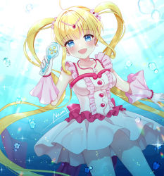 Rule 34 | 1girl, ahoge, air bubble, blonde hair, blue eyes, bubble, cowboy shot, dress, earrings, frilled dress, frills, gloves, holding, holding microphone, idol, jewelry, long hair, looking at viewer, mermaid melody pichi pichi pitch, microphone, nanami lucia, naomi (fantasia), necklace, pink dress, pink gloves, shell, shell earrings, shell necklace, smile, solo, underwater