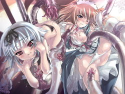 Rule 34 | 2girls, azuma rika, blonde hair, blue hair, blush, bow, bow panties, breasts, censored, cum, cumdrip, feet, large breasts, maid, multiple girls, oosuga sakiko, panties, panty pull, pussy, rape, red eyes, short hair, tears, tentacles, thighhighs, torn clothes, torn legwear, underwear, wazakita, white panties, white thighhighs, wince, ww&amp;f ~the world of water and a fairy~