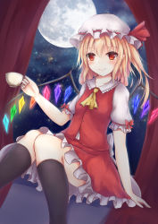 Rule 34 | 1girl, ascot, black socks, blonde hair, blush, cup, curtains, dutch angle, fang, fang out, flandre scarlet, frilled shirt collar, frilled sleeves, frills, full moon, hat, hat ribbon, highres, holding, holding cup, kashiwagi yamine, kneehighs, knees together feet apart, mob cap, moon, night, night sky, petticoat, puffy short sleeves, puffy sleeves, red eyes, red ribbon, ribbon, short sleeves, side ponytail, sitting, skirt, skirt set, sky, smile, socks, solo, star (sky), starry sky, teacup, touhou, vampire, wings