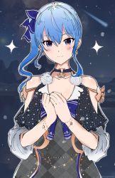 Rule 34 | 1girl, adapted costume, blue bow, blue eyes, blue hair, bow, bracelet, breasts, charm (object), choker, cleavage, cloud, cloudy sky, collarbone, comet, dress, drop earrings, earrings, halter dress, halterneck, hands on own chest, highres, hololive, hoshimachi suisei, hoshimachi suisei (1st costume), jewelry, light smile, long hair, looking at viewer, mangotaingo, mountainous horizon, night, outdoors, pendant choker, plaid, plaid dress, ringlets, side ponytail, sidelocks, sky, solo, star (sky), star (symbol), star earrings, star in eye, starry sky, starry sky print, symbol in eye, tsurime, twitter username, virtual youtuber