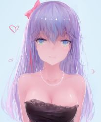 Rule 34 | 1girl, aqua eyes, bare shoulders, bead necklace, beads, black dress, blue background, blue hair, bow, breasts, cleavage, dress, female focus, hair between eyes, hair bow, heart, jewelry, kisei2, light smile, looking at viewer, necklace, original, parted lips, pink bow, simple background, sketch, smile, solo, strapless, strapless dress, upper body