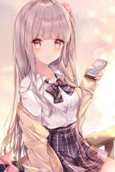 Rule 34 | 1girl, black bow, black skirt, blush, bow, breasts, brown jacket, cellphone, closed mouth, collared shirt, commentary request, dress shirt, grey hair, hair ornament, hair scrunchie, highres, holding, holding phone, jacket, long hair, long sleeves, looking at viewer, off shoulder, one side up, open clothes, open jacket, original, phone, pink bow, plaid, plaid bow, plaid skirt, red eyes, red scrunchie, scrunchie, shirt, sitting, skirt, sleeves past wrists, small breasts, solo, taya oco, twitter username, v-shaped eyebrows, very long hair, white shirt