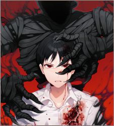 Rule 34 | 1boy, ajin (sakurai gamon), aura, bad id, bad pixiv id, bandaged arm, bandaged hand, bandages, black hair, bleeding, blood, blood on clothes, blood on face, chariko, claws, collarbone, dark aura, deep wound, hand on another&#039;s face, hand on another&#039;s head, injury, male focus, monster, outline, parted lips, patterned, patterned background, red background, red eyes, red outline, shadow, signature, smeared blood, upper body