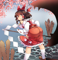 Rule 34 | 1girl, artist request, ass, bare shoulders, blush, bow, breasts, brown eyes, brown hair, detached sleeves, from behind, gohei, hair bow, hakurei reimu, kneehighs, leaning, leaning forward, looking at viewer, looking back, open mouth, panties, polka dot, polka dot panties, red skirt, see-through, shiny clothes, shiny skin, short hair, sideboob, skirt, socks, solo, touhou, underwear, water, white socks
