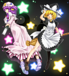 Rule 34 | 2girls, ass, blonde hair, book, boots, braid, broom, crescent, female focus, hat, kirisame marisa, looking back, multiple girls, namidame, pantylines, patchouli knowledge, purple eyes, purple hair, smile, star (symbol), touhou, witch, witch hat, yellow eyes