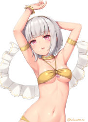 Rule 34 | 1girl, armlet, armpits, arms up, bangle, bare shoulders, bikini, bracelet, breasts, collarbone, grey hair, halterneck, halterneck, jewelry, looking at viewer, medium breasts, navel, neck ring, original, parted lips, pink eyes, sasaame, short hair, simple background, solo, stomach, swimsuit, twitter username, upper body, white background, yellow bikini