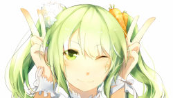 Rule 34 | 1girl, benghuai 7, carrot, double v, green eyes, green hair, hatsune miku, highres, matching hair/eyes, one eye closed, portrait, smile, solo, v, vocaloid, wink