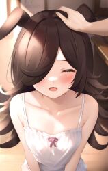 Rule 34 | 1girl, 1other, ^ ^, absurdres, animal ears, bare shoulders, blurry, blurry background, blush, brown hair, camisole, closed eyes, collarbone, commentary request, eyelashes, frilled camisole, frills, hair over one eye, headpat, highres, horse ears, horse girl, indoors, long hair, one eye covered, open mouth, parted bangs, pink ribbon, pov, ribbon, rice shower (umamusume), sidelocks, smile, solo focus, swept bangs, table, umamusume, upper body, white camisole, zeatto