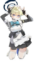Rule 34 | 1girl, akihoop, apron, black dress, black gloves, blonde hair, blue archive, blue bow, blue bowtie, blue eyes, blue halo, blue nails, bow, bowtie, bun cover, chest harness, collared shirt, commentary, dress, earpiece, fingerless gloves, frilled apron, frilled dress, frills, gloves, hair intakes, halo, harness, high heels, highres, kneeling, light blush, looking at viewer, maid, maid apron, maid headdress, open mouth, rabbit pose, shirt, sidelocks, sleeve cuffs, thighhighs, toki (blue archive), white apron, white background, white footwear, white shirt, white thighhighs