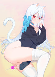 Rule 34 | 1girl, absurdres, animal ears, artist name, beijuu, blue bow, bow, cat ears, cat girl, cat tail, closed mouth, condom, condom wrapper, eyes visible through hair, fingernails, girls&#039; frontline, highres, holding, holding condom, long fingernails, long hair, looking at viewer, red eyes, signature, sleeves past wrists, smile, solo, tail, thighhighs, tokarev (girls&#039; frontline), white hair, white thighhighs