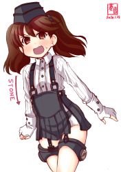 Rule 34 | 1girl, anchor hair ornament, arrow (symbol), artist logo, atlanta (kancolle), atlanta (kancolle) (cosplay), black hat, black skirt, brown eyes, brown hair, commentary request, cosplay, dated, dress shirt, earrings, fang, flat chest, garrison cap, garter straps, hair ornament, hat, high-waist skirt, highres, jewelry, kanon (kurogane knights), kantai collection, long hair, long sleeves, open mouth, ryuujou (kancolle), shirt, simple background, skin fang, skirt, solo, star (symbol), star earrings, suspender skirt, suspenders, thigh strap, twintails, white background, white shirt