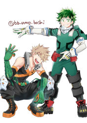 Rule 34 | 2boys, bakugou katsuki, bare shoulders, blonde hair, bodysuit, boku no hero academia, boots, explosive, freckles, gloves, green bodysuit, green eyes, green gloves, green hair, grenade, grin, highres, hood, hood down, hooded bodysuit, looking at viewer, male focus, mask, unworn mask, midoriya izuku, multiple boys, open mouth, pectorals, red eyes, simple background, smile, spiked hair, squatting, tongue, tongue out, twitter username, ume (326310), v-shaped eyebrows, white background, white gloves