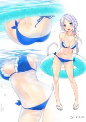 Rule 34 | 10s, 1girl, 2016, ama mitsuki, arms behind back, artist name, ass, bare shoulders, bikini, blue bikini, blue eyes, blush, braid, breasts, cleavage, collarbone, commentary request, dated, frilled bikini, frills, full body, innertube, kantai collection, large breasts, long hair, looking at viewer, mole, mole under eye, multiple views, navel, parted bangs, partially submerged, purple hair, sandals, side-tie bikini bottom, signature, simple background, single braid, smile, standing, string bikini, swim ring, swimsuit, umikaze (kancolle), very long hair, water, white background