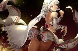Rule 34 | 1girl, altera (fate), ass, blunt bangs, breasts, canking, commentary, crop top, dark-skinned female, dark skin, detached sleeves, fate/grand order, fate (series), from behind, gradient background, looking back, parted lips, red eyes, short hair, simple background, small breasts, solo, standing, sword, veil, weapon, white hair
