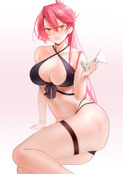 Rule 34 | 1girl, absurdres, ass, bikini, black bikini, bracelet, breasts, cl (summer sama), cleavage, closed mouth, cocktail glass, commentary, commission, cowboy shot, criss-cross halter, cup, drinking glass, eiyuu densetsu, english commentary, falcom, gradient background, grin, hair between eyes, halterneck, highres, holding, holding cup, jewelry, large breasts, legs together, lips, long hair, looking at viewer, navel, orange eyes, pink background, pixiv commission, ponytail, red hair, sara valestein, sen no kiseki, simple background, sitting, smile, solo, spill, swimsuit, thigh strap, thighs, white background