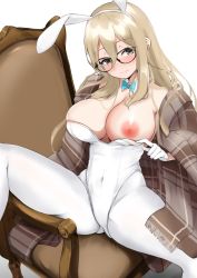 Rule 34 | 1girl, akane (blue archive), akane (bunny) (blue archive), blue archive, blush, breasts, brown eyes, brown hair, closed mouth, covered navel, detached collar, glasses, large breasts, leotard, long hair, looking at viewer, nipples, nwem, official alternate costume, on chair, one breast out, pantyhose, playboy bunny, simple background, sitting, smile, solo, spread legs, white background, white leotard, white pantyhose