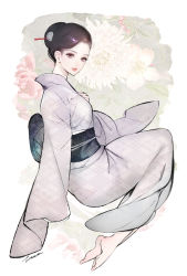 Rule 34 | 1girl, absurdres, artist name, barefoot, black hair, artistic error, eyelashes, floating, flower, full body, hair ornament, hair stick, hand on own chest, highres, hitowa, japanese clothes, kimono, lips, long sleeves, looking at viewer, obi, open mouth, original, purple eyes, sash, short hair, sleeves past fingers, sleeves past wrists, solo, wrong foot