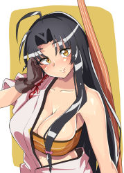 Rule 34 | 1girl, amorphous, antenna hair, bandeau, black hair, bow (weapon), breasts, brown eyes, clothes lift, gloves, highres, japanese clothes, kantai collection, large breasts, lips, long hair, looking at viewer, low-tied long hair, partially fingerless gloves, partly fingerless gloves, shirt lift, shouhou (kancolle), solo, two-tone background, upper body, weapon, white background, yellow background, yugake