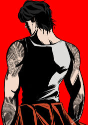 Rule 34 | 1boy, arm tattoo, artist name, black hair, dated, facial hair, from behind, highres, lee eun-tae, lookism, male focus, red background, shirt, short hair, simple background, sleeveless, solo, stubble, tattoo, white shirt, yucchi (apple-panda)